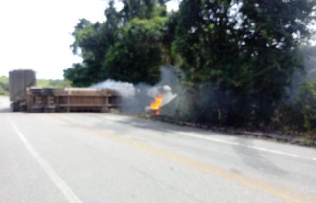 Carreta tomba e pega fogo em rodovia de Capela (SE)