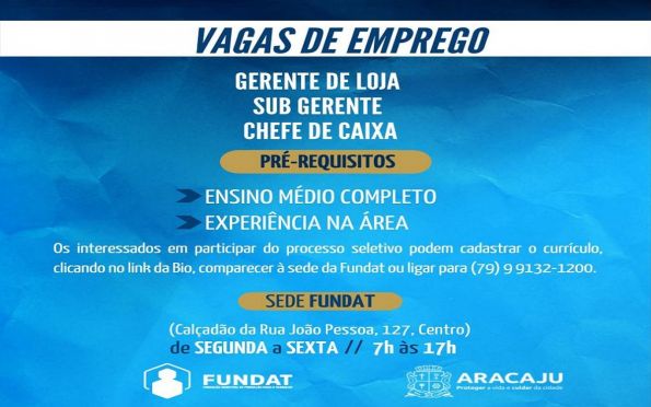 Prefeitura de Aracaju anuncia oferta de 50 vagas de emprego em várias áreas