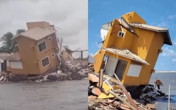 Vídeo: casa desaba após avanço do mar na Praia do Saco, em Estância